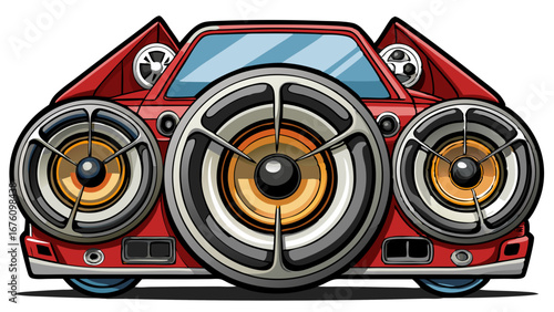 Artistic car modification with speakers in place of lights and wheels
