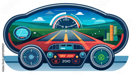 Illustration of a futuristic red vehicle with dashboard gauges and speedometer