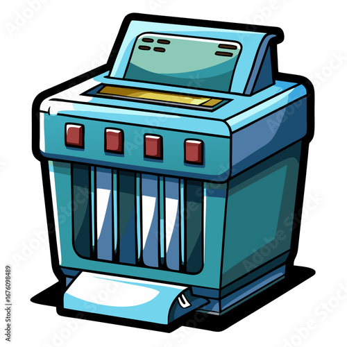 Cartoon blue paper shredder with buttons, paper, and a black outline