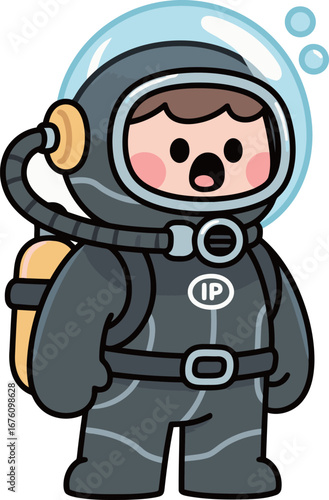 A cartoon boy wearing a vintage scuba diving suit and an oxygen tank on his back with a shocked expression.