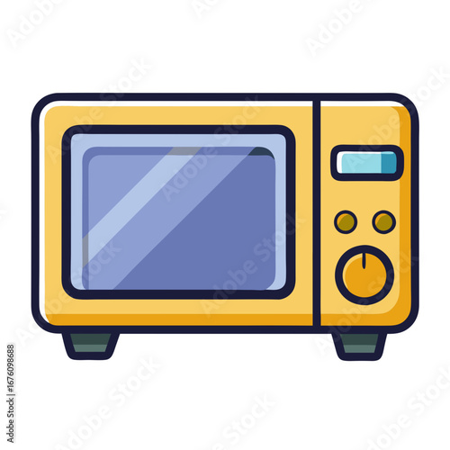 Retro yellow microwave oven with a blue display and rounded corners
