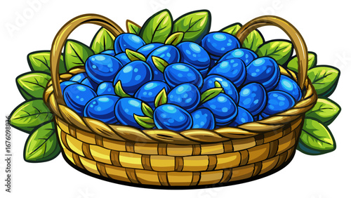 Illustration of a basket overflowing with ripe and juicy blue plums