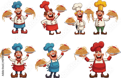 Wallpaper Mural Funny Cartoon Chefs Holding Spaghetti Plates, Colorful Italian Cook Character Vector Set for Restaurant Branding, Food Menu, Kitchen Poster, Culinary Design Torontodigital.ca