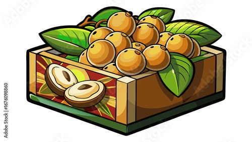 Fresh Longan Fruits in a Wooden Crate with Decorative Leaves
