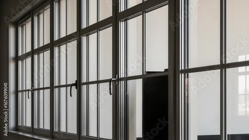 Wallpaper Mural Interior View of a Room Featuring a Large Window with a Grid Pattern and White Walls in Soft Natural Light with Reflections Torontodigital.ca