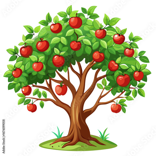 A vibrant apple tree laden with ripe red fruit and lush green leaves