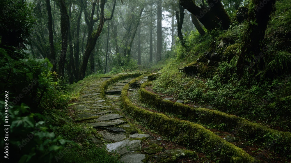Fototapeta premium Foggy Forest Path Through a Mysterious Maze of Greenery
