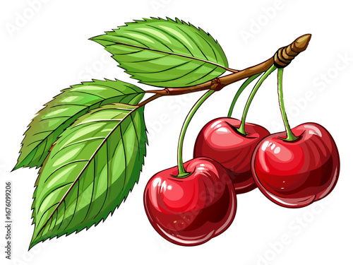 Illustration of three ripe red cherries on a branch with green leaves