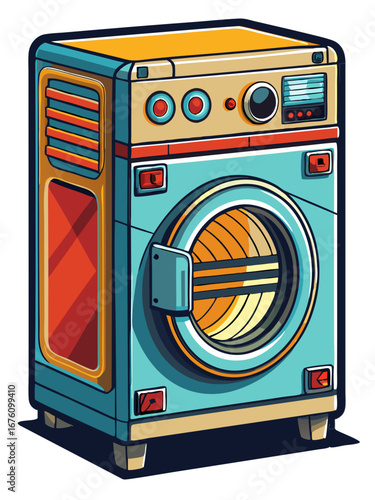 Retro Futuristic Washing Machine with Bold Colors and Cartoonish Design Style