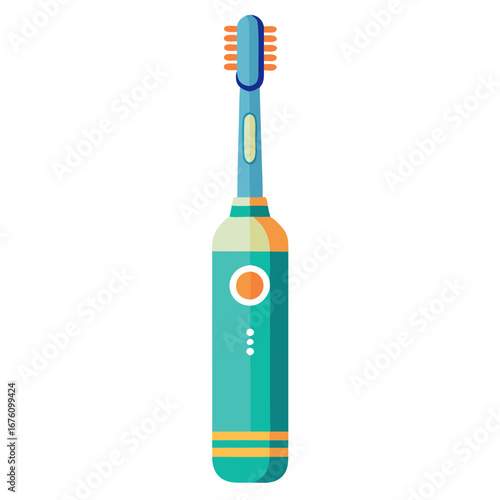 Stylized electric toothbrush illustration with turquoise body and orange accents shown vertically