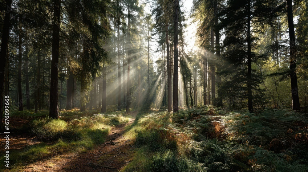 Fototapeta premium Sunlight Shafts Through Trees in Forest Clearing Surrounded by Nature