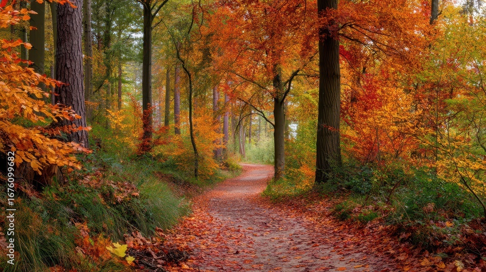 Obraz premium Serene Autumn Pathway Surrounded by Colorful Leaves in Forest