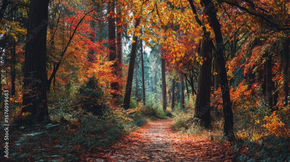 Fototapeta premium Vibrant Autumn Pathway in a Colorful Forest During Fall Season