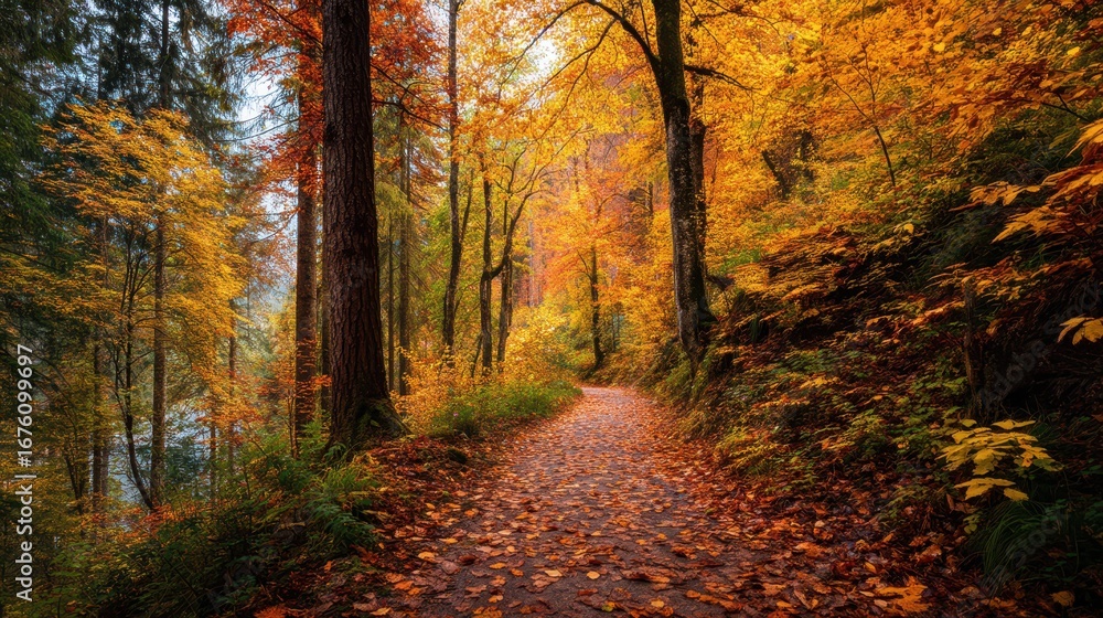 Fototapeta premium Colorful Autumn Pathway in a Serene Forest Surrounded by Leaves