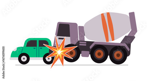 cartoon style illustration of a collision between green car and large cement mixer truck highlights impact this graphic is suitable for illustrating traffic accidents road safety heavy vehicle