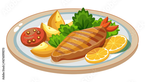 Grilled Fish with Lemon, Potatoes, Lettuce, and Tomato on a Plate
