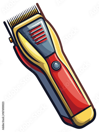 Cartoonstyle illustration of a handheld electric hair clipper, yellow, red and gray