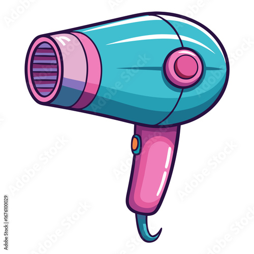 Cute blue and pink hair dryer cartoon illustration on a white background