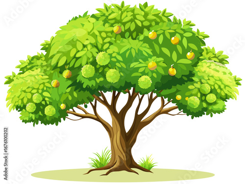 Cartoon illustration of a fruit tree with oranges and green fruits