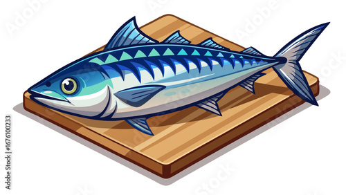 Artistic depiction of a vibrant blue mackerel fish presented on wooden board