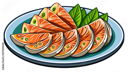 Illustration of sliced salmon sashimi garnished with green leaves on a plate