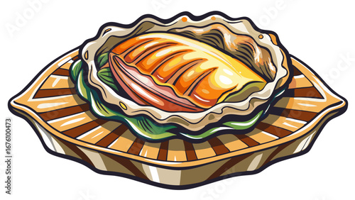 Delicious grilled scallop seafood presented beautifully on a unique patterned plate