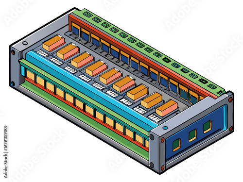 Isometric illustration of an electrical distribution panel with modular circuit breakers