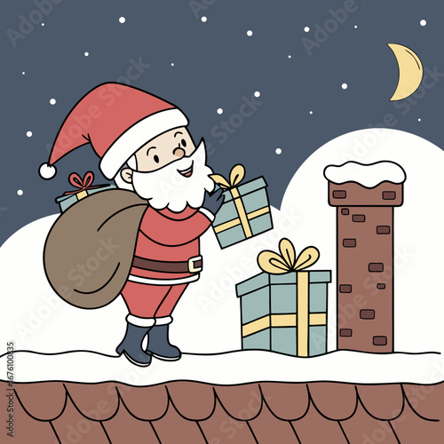 Cheerful Santa Claus character in red suit carrying gifts on snowy rooftop under moonlight, surrounded by stars, embodying festive spirit and holiday joy