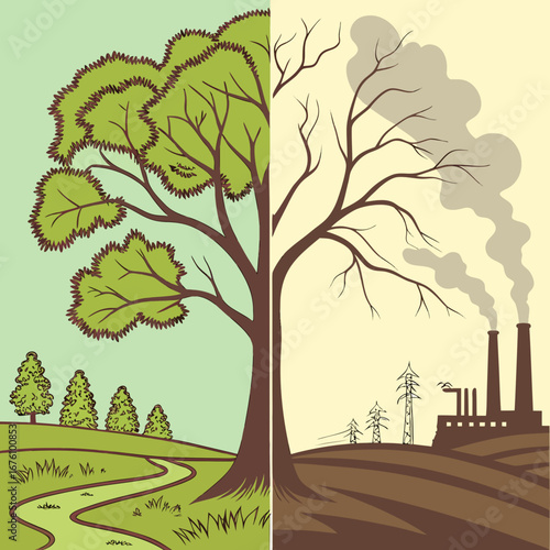 Split illustration contrasting vibrant nature with lush green trees on one side and a barren landscape with industrial pollution and smokestacks on the other, highlighting environmental issues