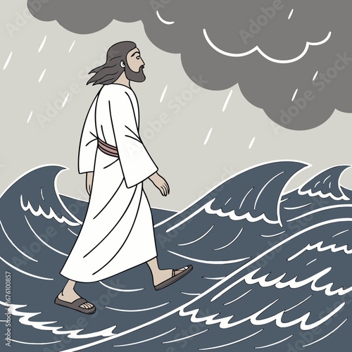 Illustration of a figure walking on turbulent waves beneath a stormy sky, showcasing resilience and faith amidst challenging conditions in a dramatic scene