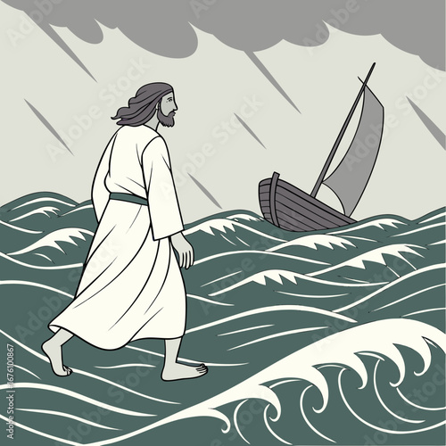 Illustration of a man walking on turbulent waves towards a small boat, with dark storm clouds overhead, symbolizing faith and resilience in challenging times