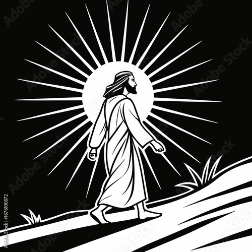 Illustration of a figure walking along a path, surrounded by rays of light emanating from a central source, symbolizing hope and enlightenment in a minimalist style