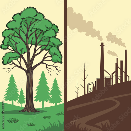 Illustration depicting a vibrant tree and lush forest on one side, contrasting with a dark industrial landscape and smoke-filled sky on the other, highlighting environmental issues