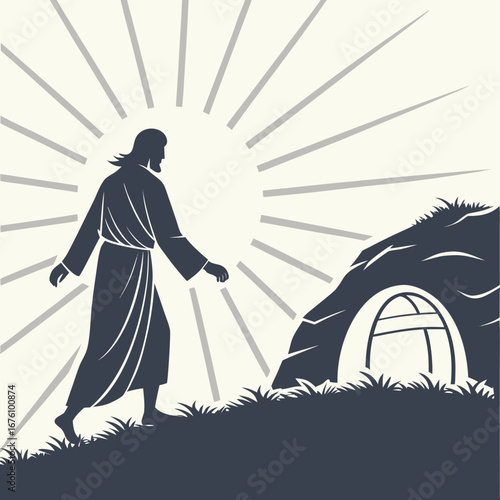 Silhouette of a figure walking towards a cave entrance, with radiant sun rays illuminating the scene, symbolizing hope, resurrection, and new beginnings in a serene landscape