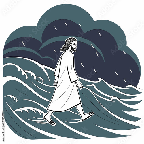 Illustration of a figure walking on turbulent ocean waves under dark storm clouds, symbolizing faith and resilience in challenging times, showcasing a dramatic and powerful scene