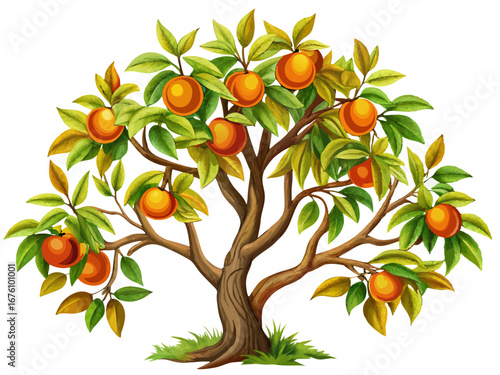 A colorful artistic illustration of a tree with ripe orange fruits