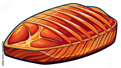 Illustration of a meticulously prepared piece of salmon steak with rendered fat