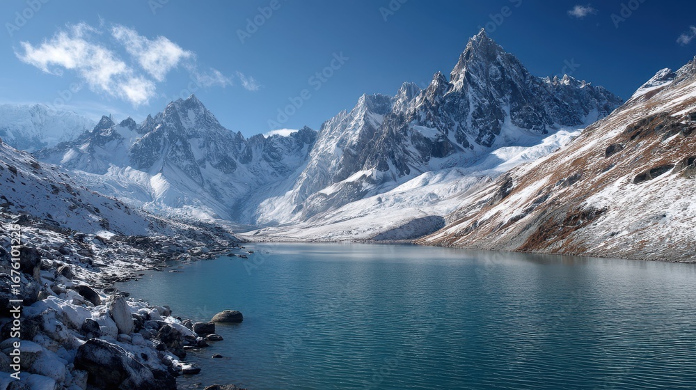 Obraz premium Scenic Glacial Lake Surrounded by Majestic Snowy Mountain Peaks