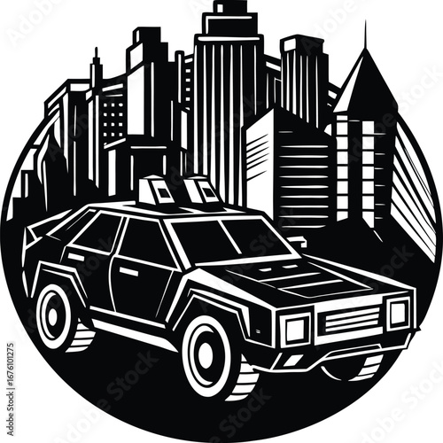Vector art of stylized black and white illustration of a police car in front of a city skyline, evoking a sense of urban law enforcement and city life