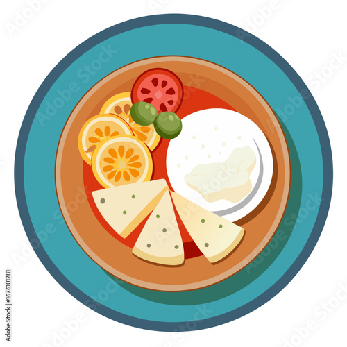 Delicious plate of appetizers with cheese, oranges, tomato, olives, and dip