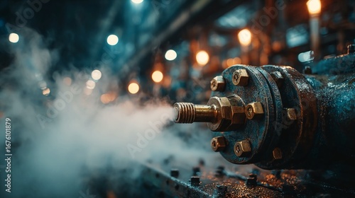 Industrial close-up of steam valve releasing thick vapor in dim factory setting, emphasizing mechanical power, pressure dynamics, and gritty heavy industry atmosphere.