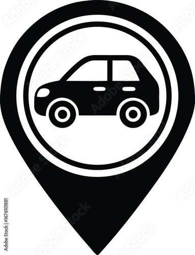 Vector art of black car icon inside a location pin symbol