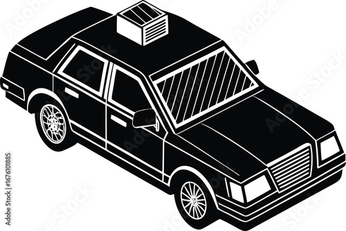 Vector art of isometric view of a black sedan taxi with a rooftop unit