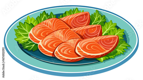 Artistic salmon sashimi slices on a blue plate with green lettuce
