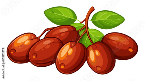 Luscious dates still on the stem with green leaves surrounding them