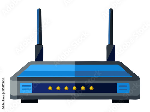 Illustration of a modern blue and gray wireless internet router device