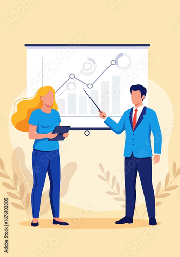 Business professionals analyzing data on a large screen.