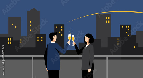 Couple toasting with champagne flutes on a rooftop at night.