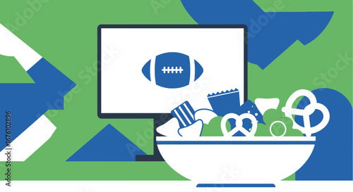 Football game on TV with snacks.