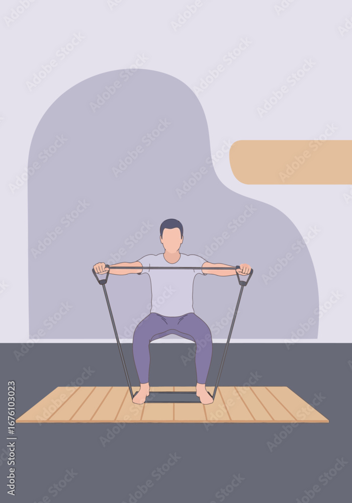 Fototapeta premium Man performing resistance band squats for strength training.